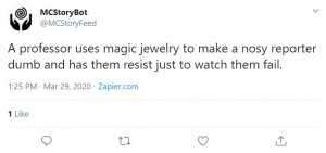 MC StoryBot Prompt: A professor uses magic jewelry to make a nosy reporter dumb and has them resist just to watch them fail. 